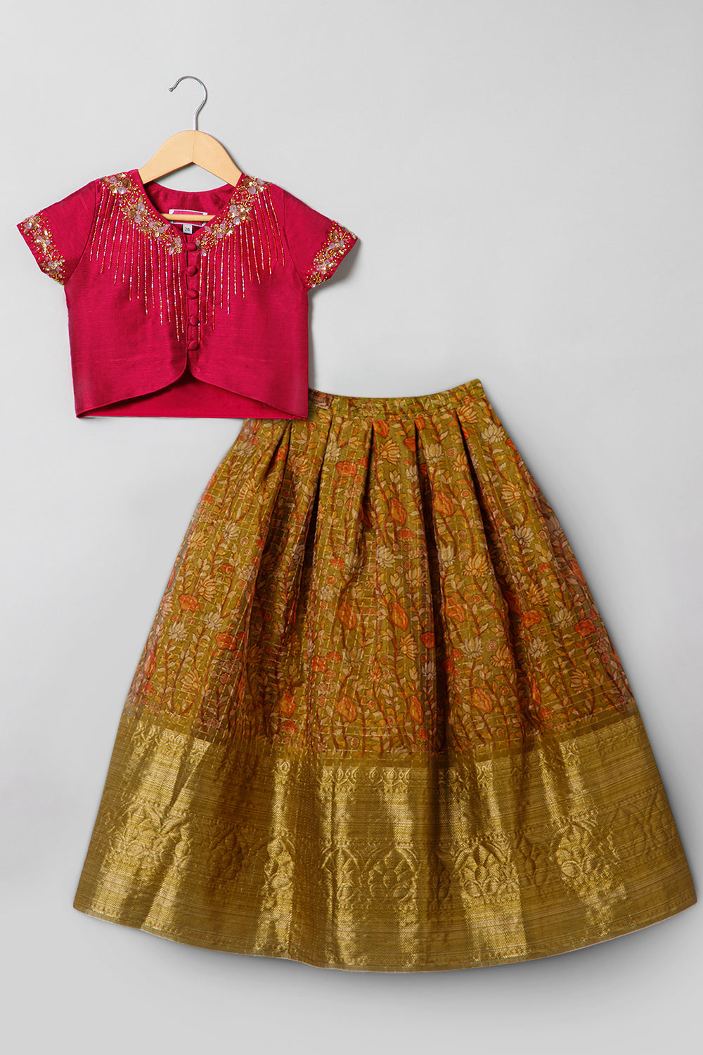 Chittythalli Traditional Pavadai Set V Neck short sleeve top with Box pleated Skirt - Pink & Green - PS38