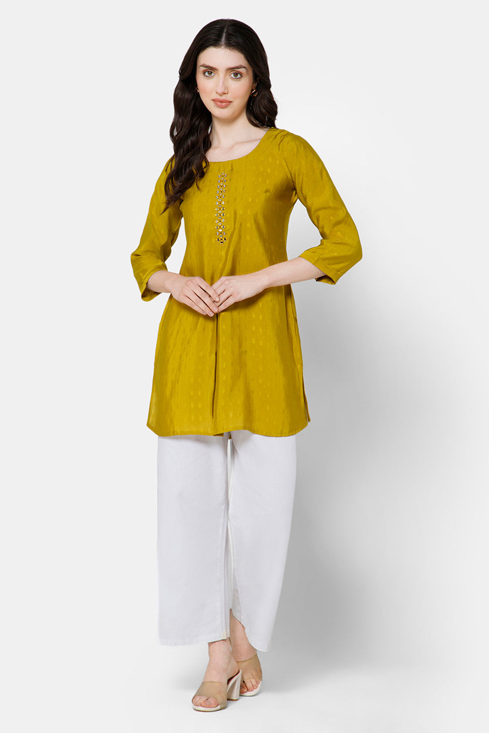 Mythri Women's Casual Tops with Mirror Work At The Center Front  - Yellow - E024