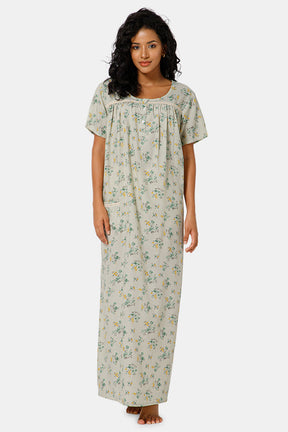 Naidu Hall Front Open Round Neck Short Sleeve Printed Nighty-Green - NT11