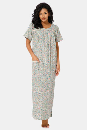Naidu Hall Front Open Round Neck Short Sleeve Printed Nighty-Light green - NT11