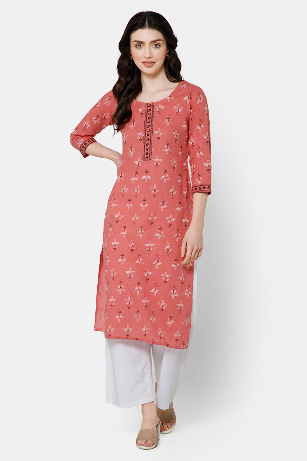 Mythri Women's Casual Kurthi with Patchwork And Minimalistic Embroidery - Peach - E029
