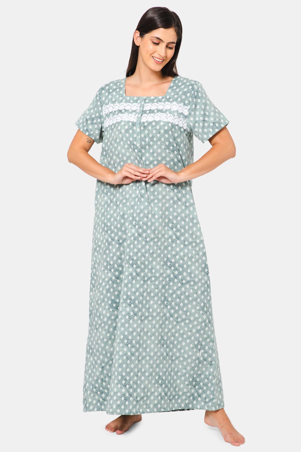 Naidu Hall Square Neck Front Open Nighty with  Side Pocket - NT14 - Mint