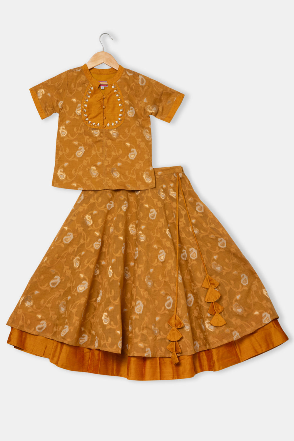 Chittythalli Girl's Ethnic Pavadai Set Round Neck Top with Shoulder Tie-Ups Sequin Embroidery & Kali Skirt - Mustard - PS70