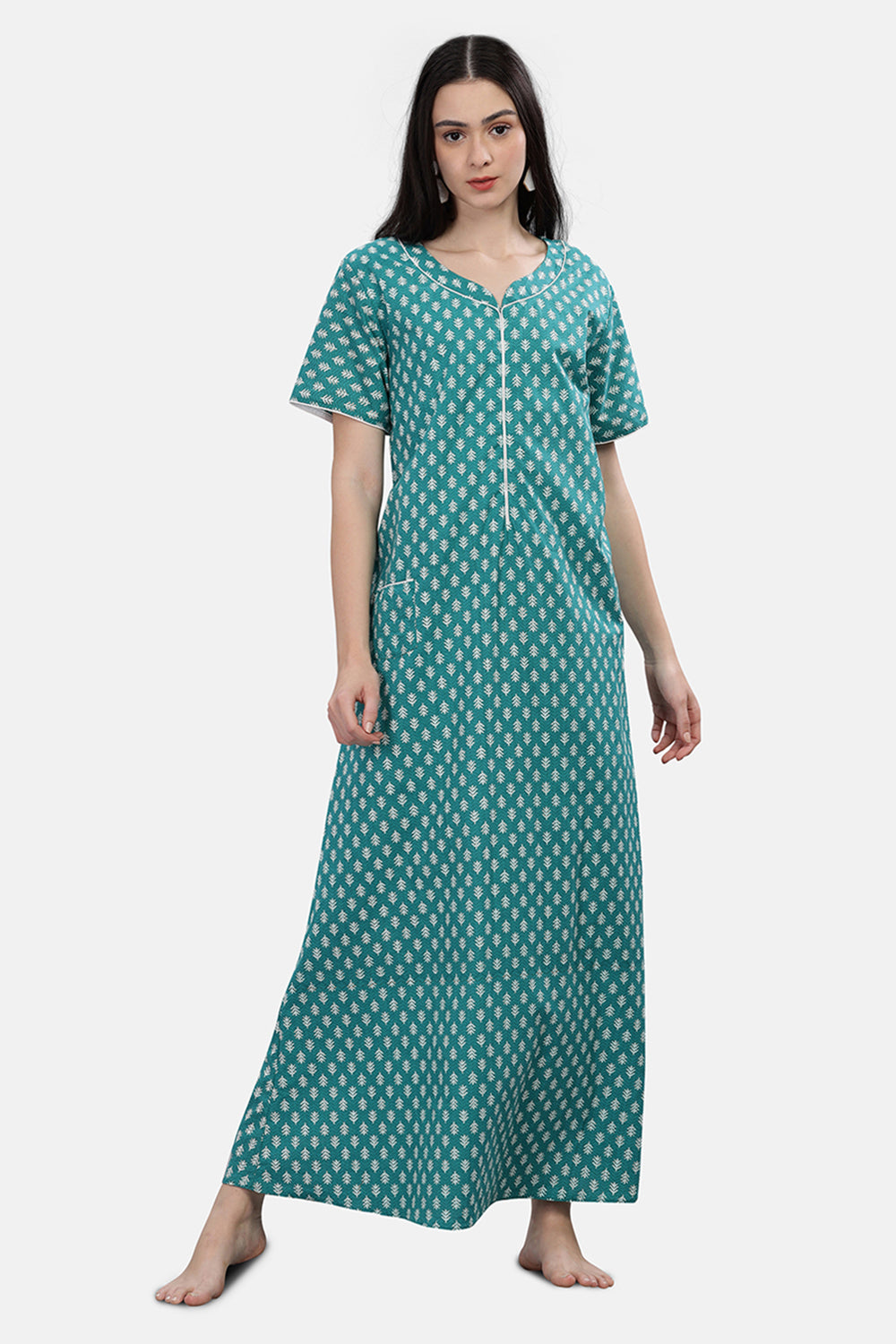 Naidu Hall  Round Neck Short Sleeve Printed Nighty - Green - NT71