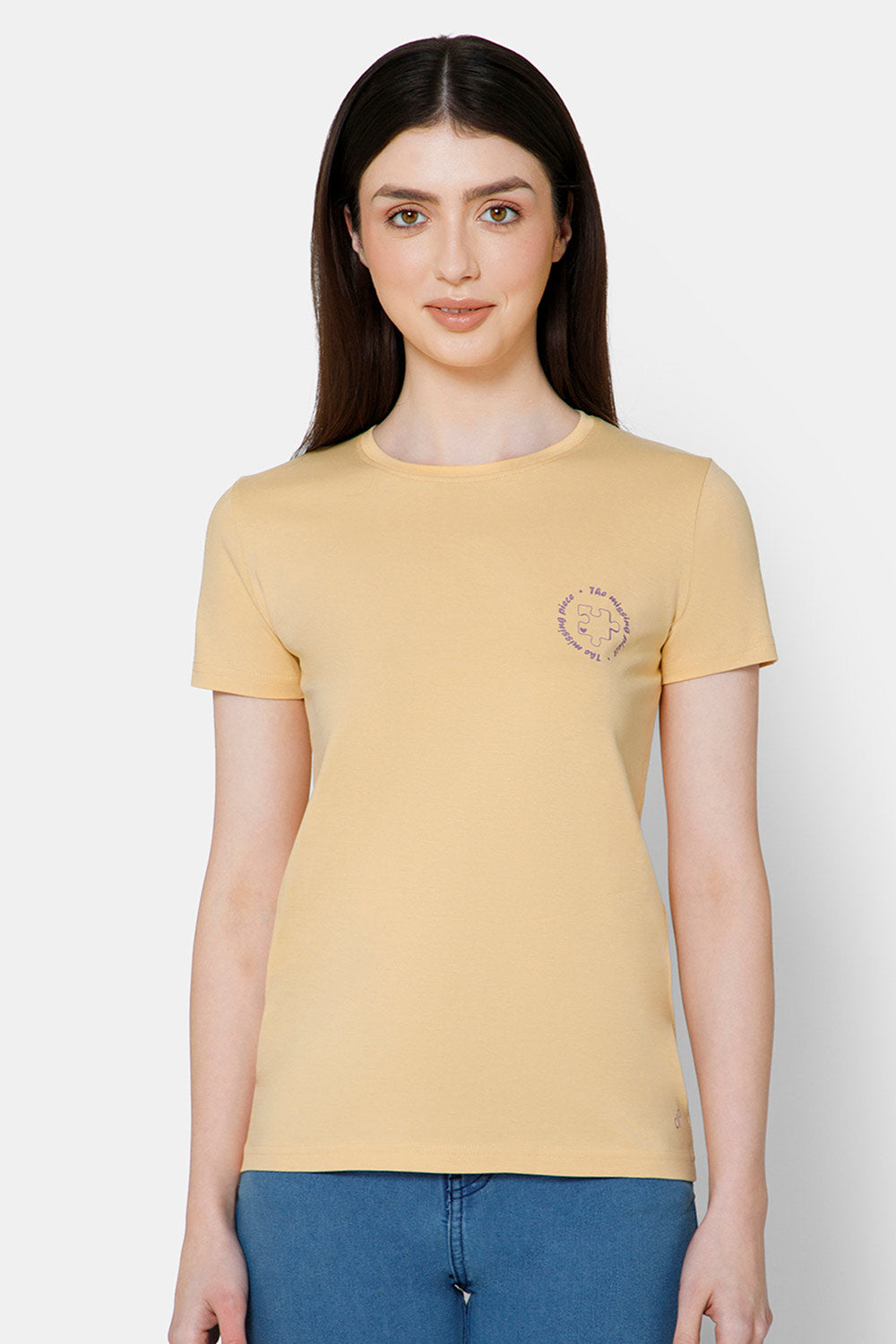 Jusperf Women's Printed Crew Neck Casual T-Shirt - Beige - TS30