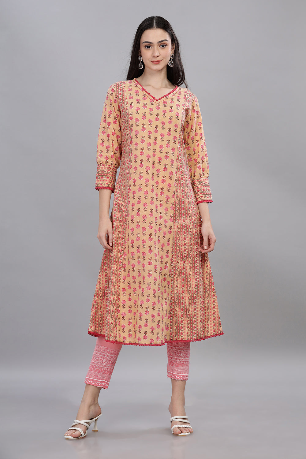 Mythri V Neck Mix & Match Kurta With 3/4th Sleeves  - Peach - KU33