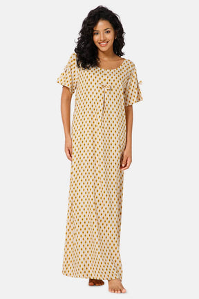 Naidu Hall  Round Neck Box Pleatted Short Sleeve Printed Nighty-Sandle wood - NT44