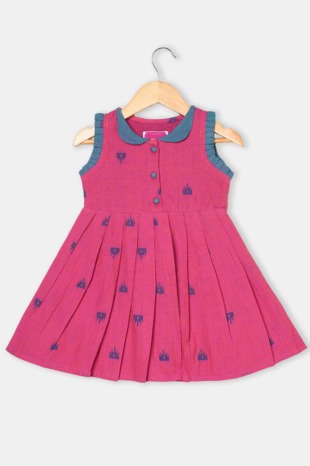 Chittythalli Girls Ethnic Frock Cotton Sleeveless Dress with Peter Pan Collar, Knife Pleats and Gathered Skirt- Purple - FR40