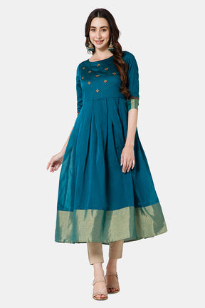 Mythri Women's Ethnic Wear Round Neck Anarkali dress with 3/4 sleeve - Green - KU49