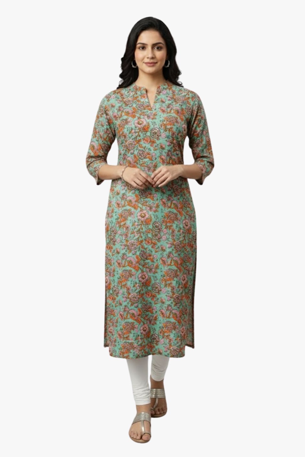 Mythri Women’s Cotton Straight Kurtha for Women – Mandarin Collar & 3/4th Sleeves Daily Wear Kurta - Teal - C305