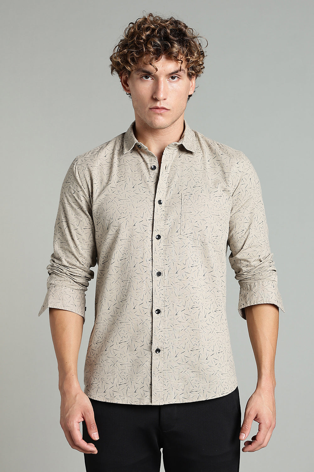 Enhance  Men’s Printed Casual Shirt – Full Sleeves with Patch Pocket and Button Cuffs  - Beige - SA05