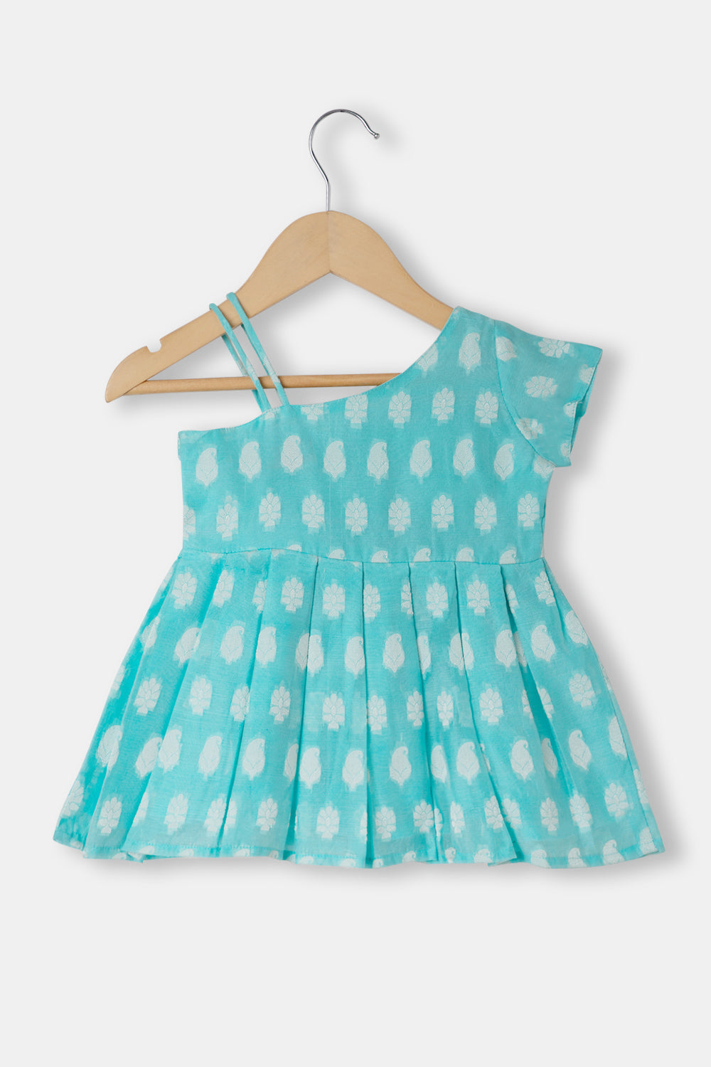 Chittythalli Girls Ethnic Frock With Knee-Length Box Pleat Frock With Knife Pleat Neck - Blue- FR28