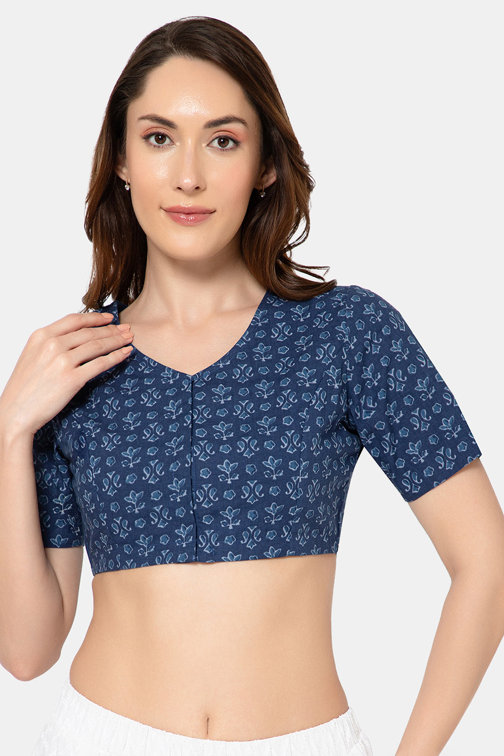 Naidu Hall Women’s Designer Cotton Ikat Blouse V-Neck Front Open with Elbow Sleeves - Dark Blue - BU16