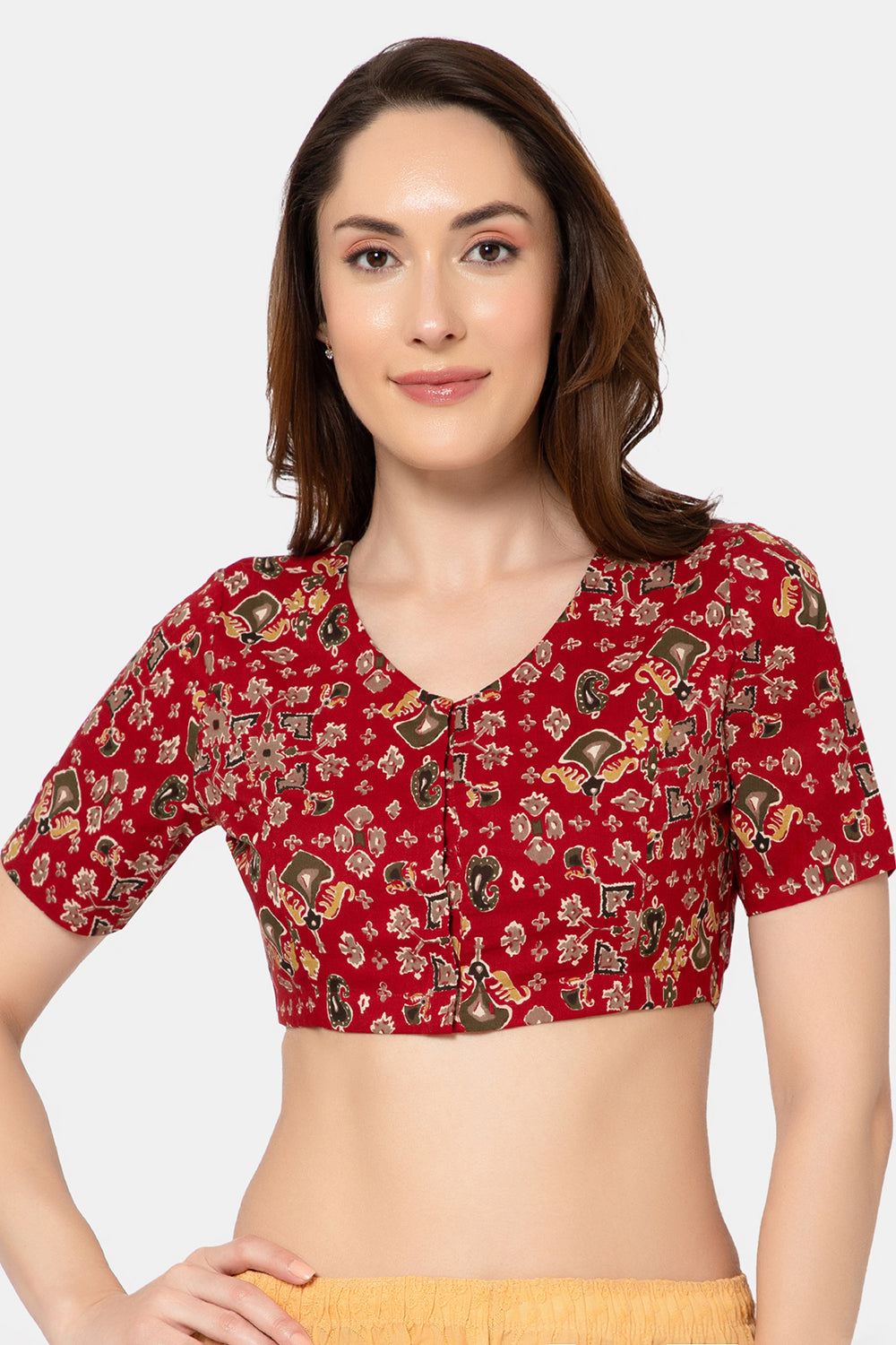 Naidu Hall Women’s Designer Cotton Ikat Blouse V-Neck Front Open with Elbow Sleeves - Red - BU16