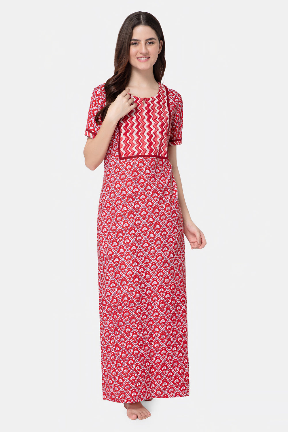 Naidu Hall Round Neck Half Sleeve Pull-On Nighty - Red - NT24