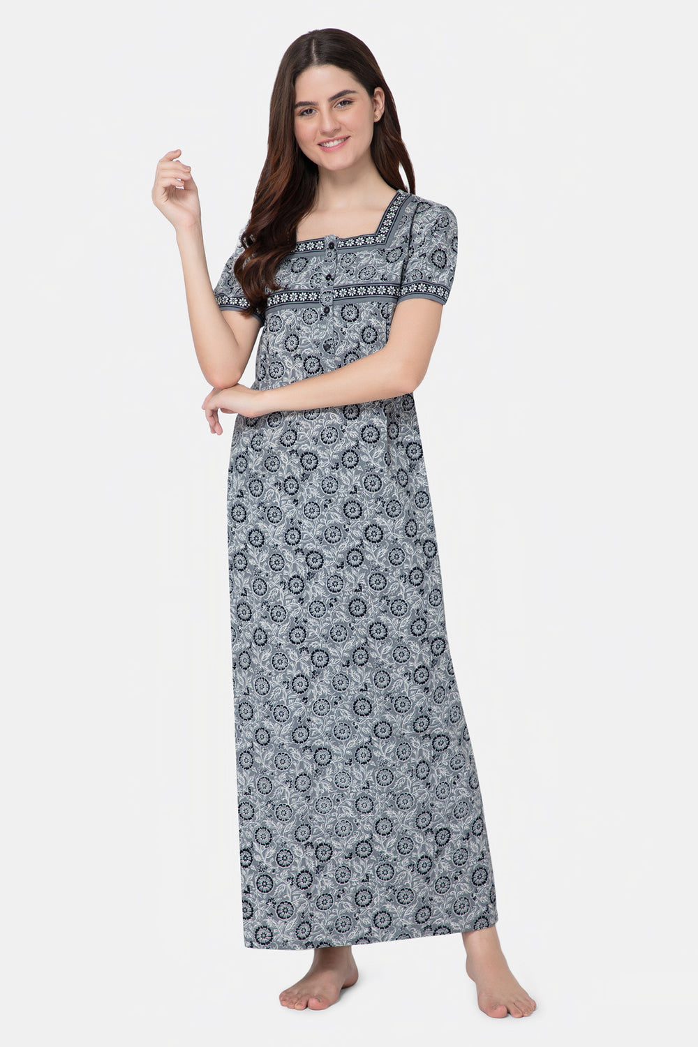 Naidu Hall Square Neck Half Sleeve Front Button Open Nighty - Grey - NT12