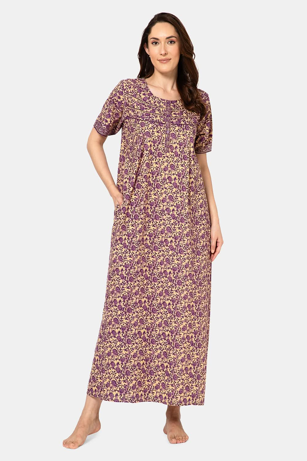 Naidu Hall  Women's A-Line Nighty with Round Neck, Front Opening, Half Sleeves, and Lace Detailing  - Purple - NA12