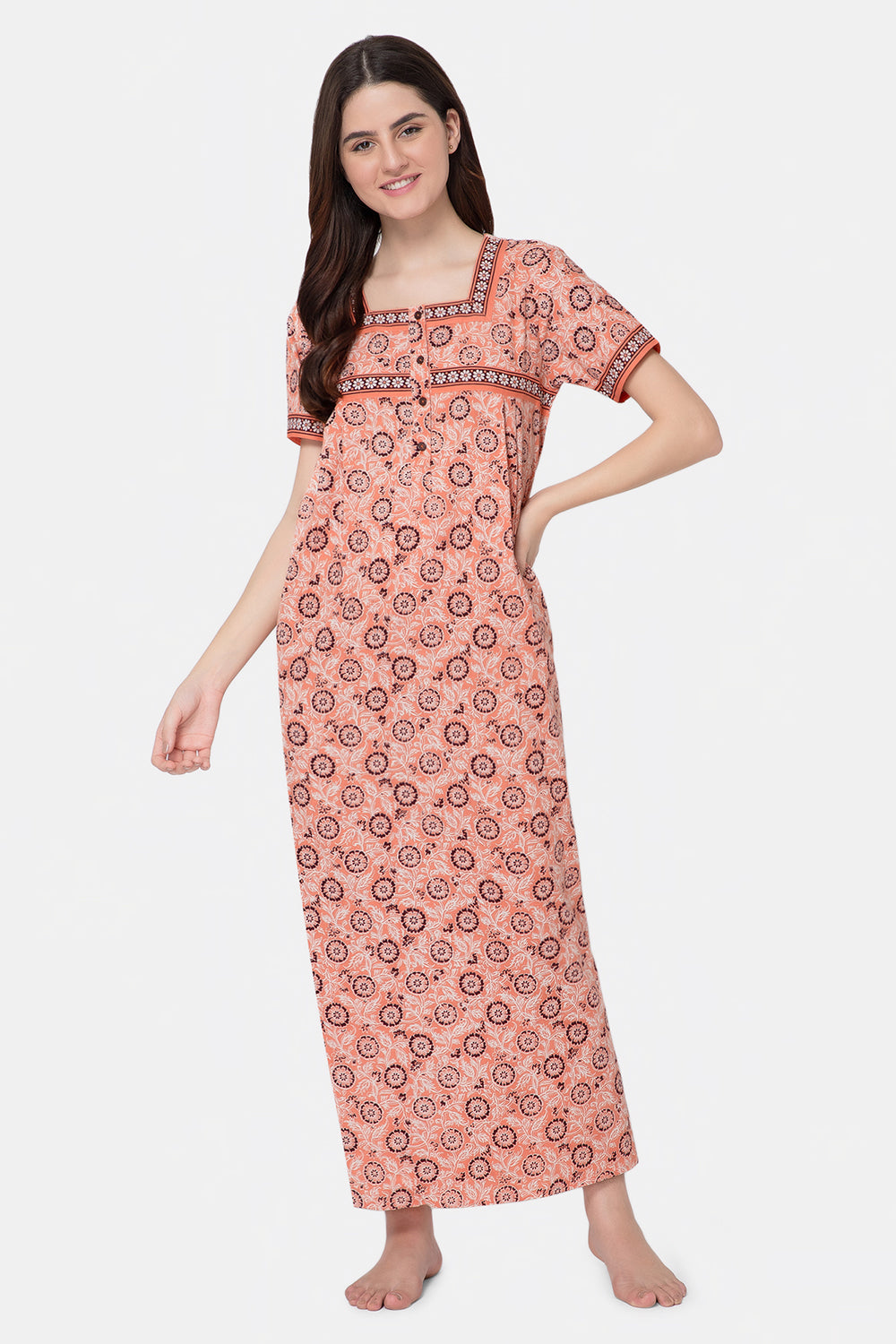 Naidu Hall Square Neck Half Sleeve Front Button Open Nighty - Peach - NT10