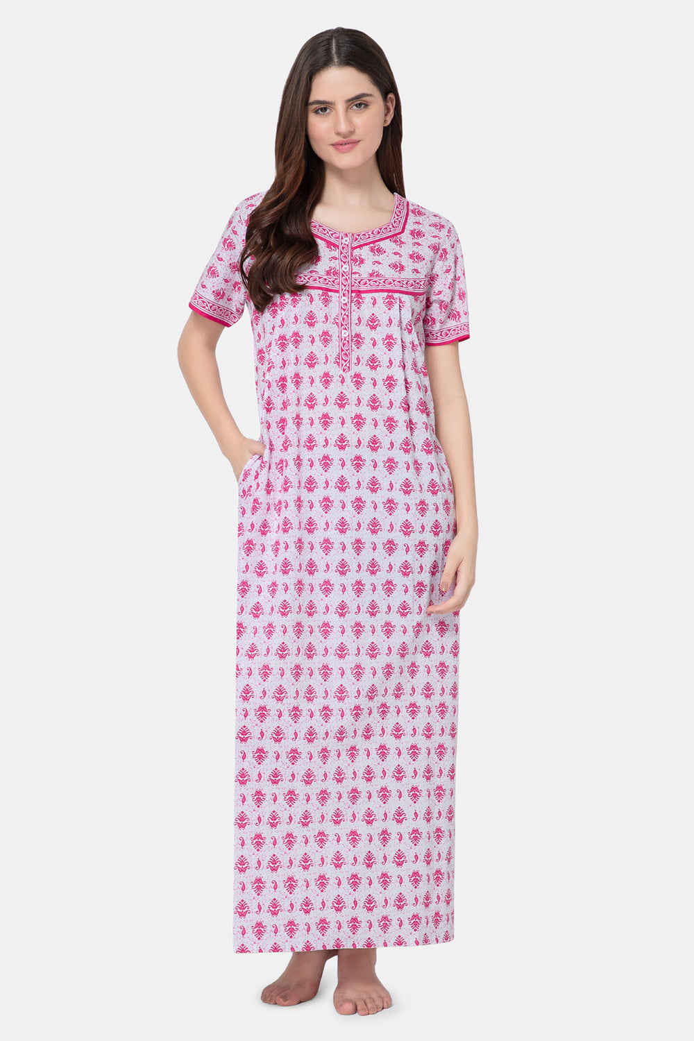 Naidu Hall Round Neck Half Sleeve Front Button Open Nighty - Pink - NT08