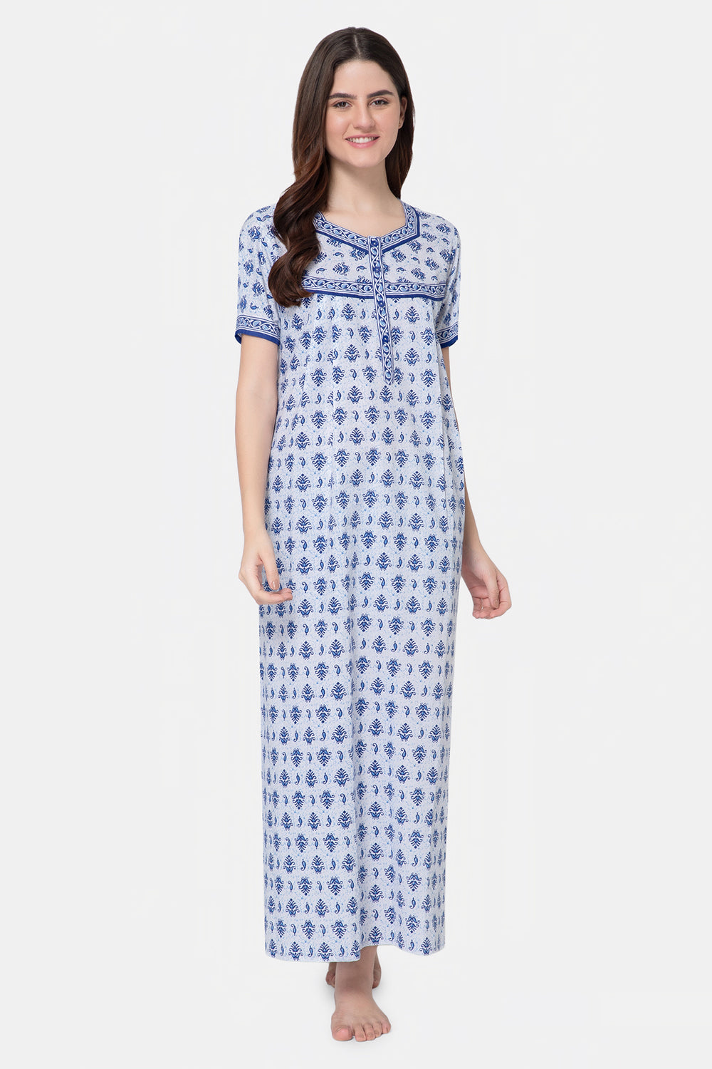 Naidu Hall Round Neck Half Sleeve Front Button Open Nighty - Blue - NT06