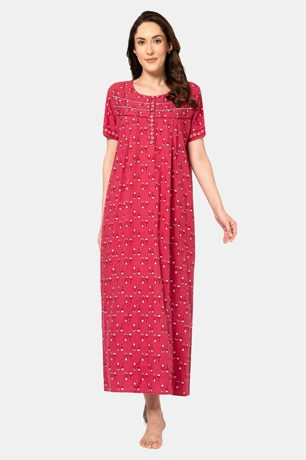 Naidu Hall  Women's A-Line Nighty with Round Neck, Front Opening, Half Sleeves, and Lace Detailing  - Pink - NA13