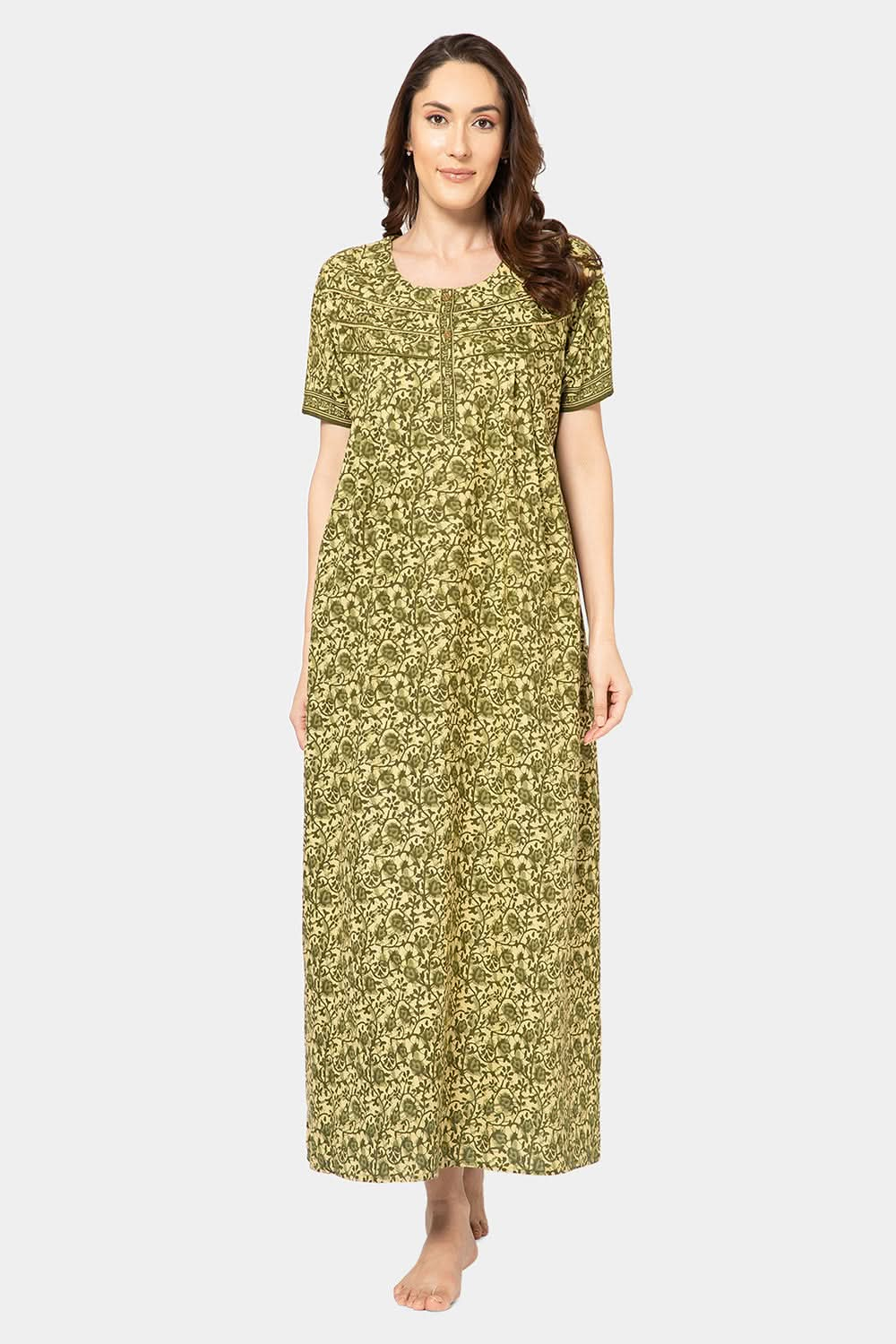 Naidu Hall  Women's A-Line Nighty with Round Neck, Front Opening, Half Sleeves, and Lace Detailing  - Green - NA12