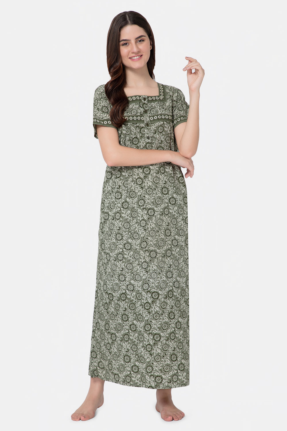 Naidu Hall Square Neck Half Sleeve Front Button Open Nighty - Green - NT09