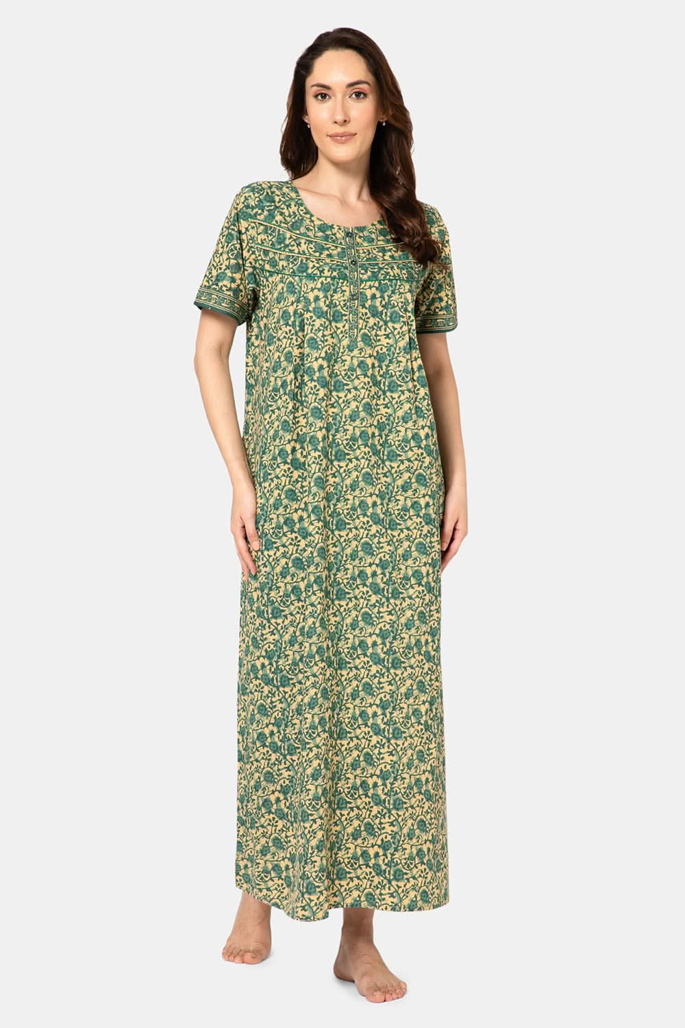 Naidu Hall  Women's A-Line Nighty with Round Neck, Front Opening, Half Sleeves, and Lace Detailing  - Teal - NA12