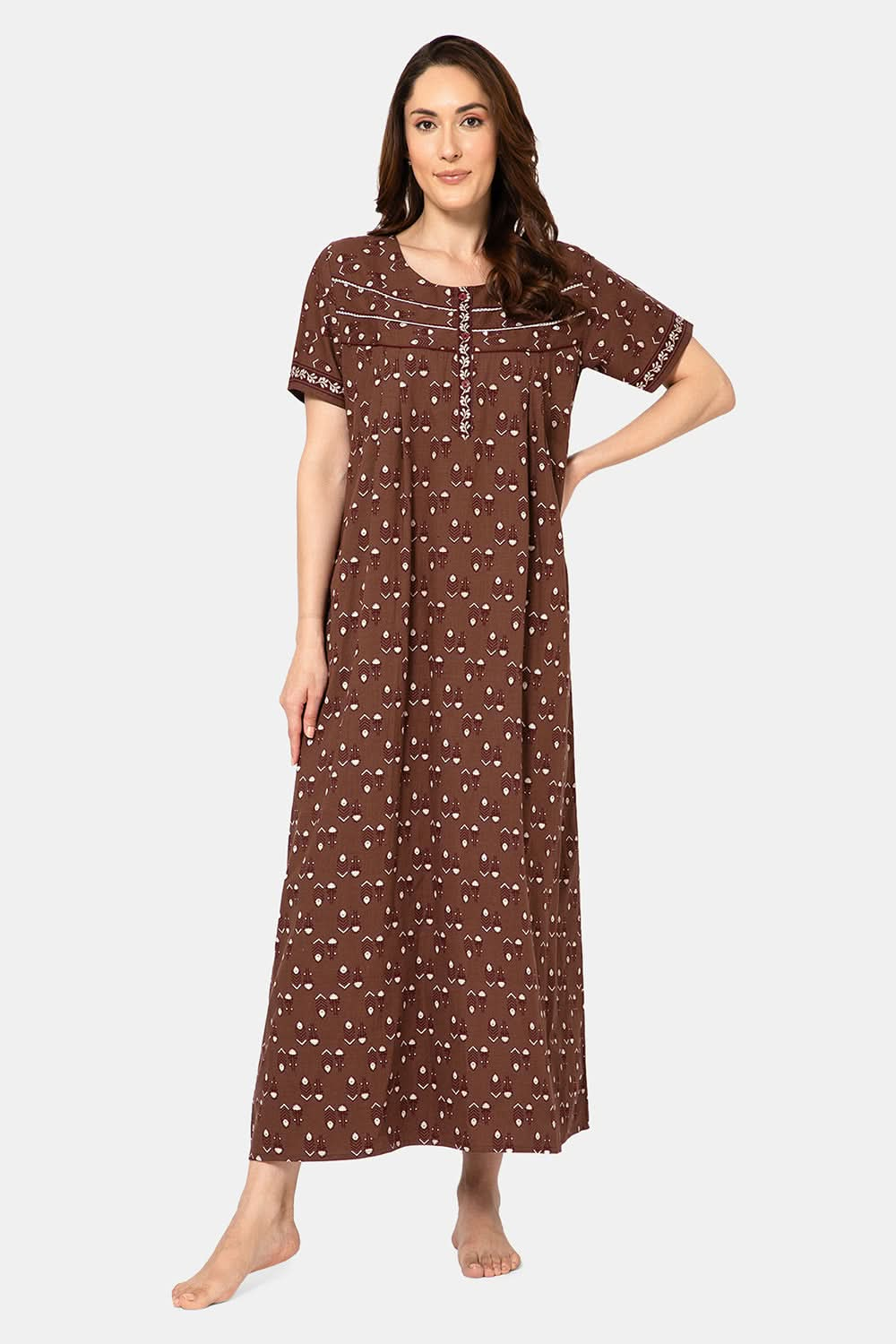 Naidu Hall  Women's A-Line Nighty with Round Neck, Front Opening, Half Sleeves, and Lace Detailing  - Brown - NA13