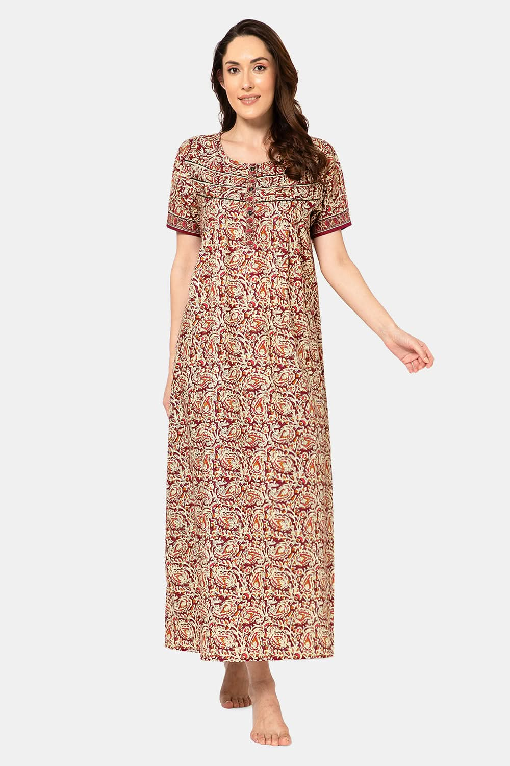 Naidu Hall  Women's A-Line Nighty with Round Neck, Front Opening, Half Sleeves, and Lace Detailing  - Maroon - NA14