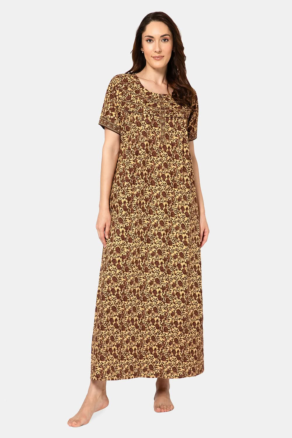 Naidu Hall  Women's A-Line Nighty with Round Neck, Front Opening, Half Sleeves, and Lace Detailing  - Brown - NA12