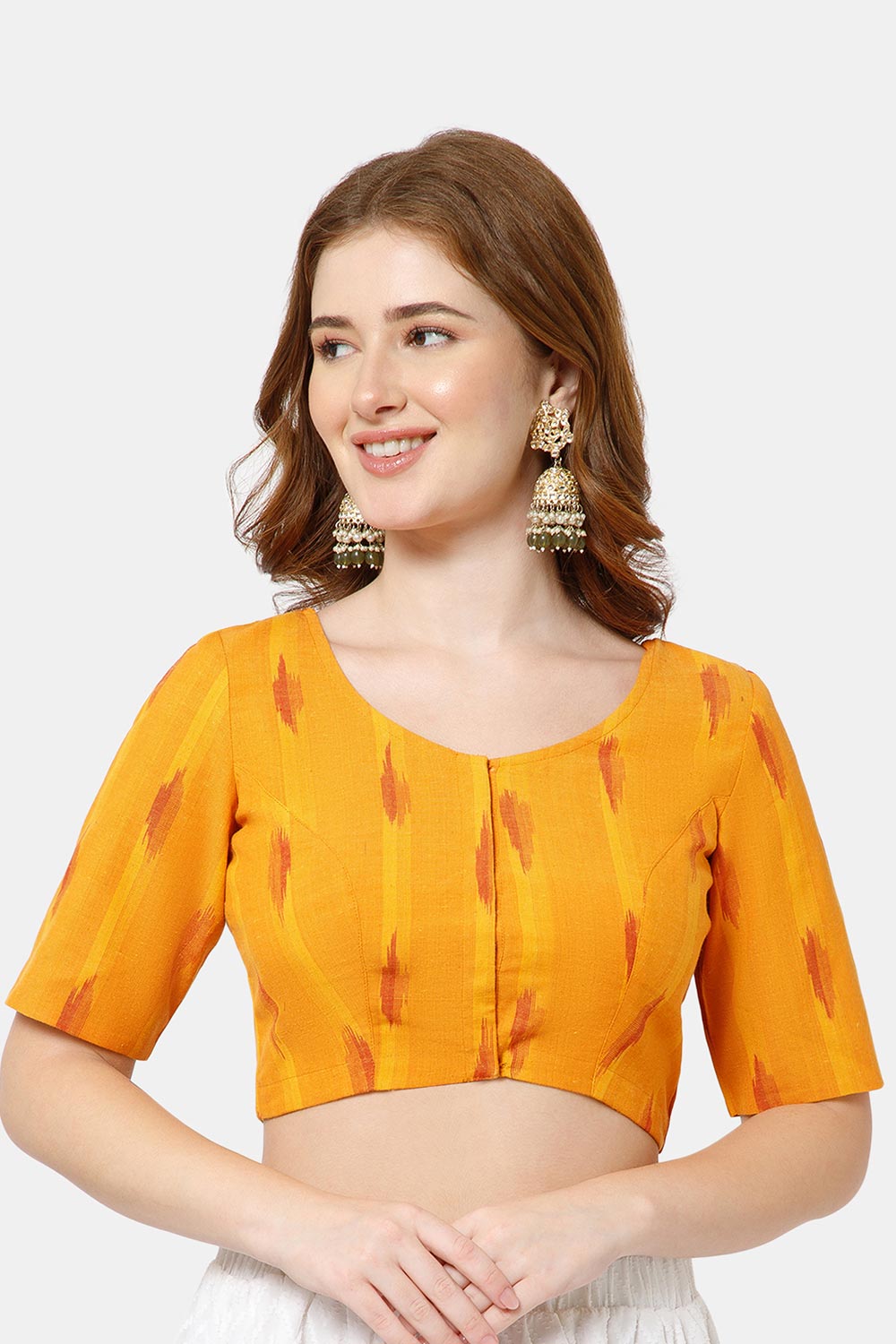 Naidu Hall Women’s Cotton Blouse | Woven U-Neck Ethnic Blouse with Elbow Sleeves & Front Closure - Orange - BU17