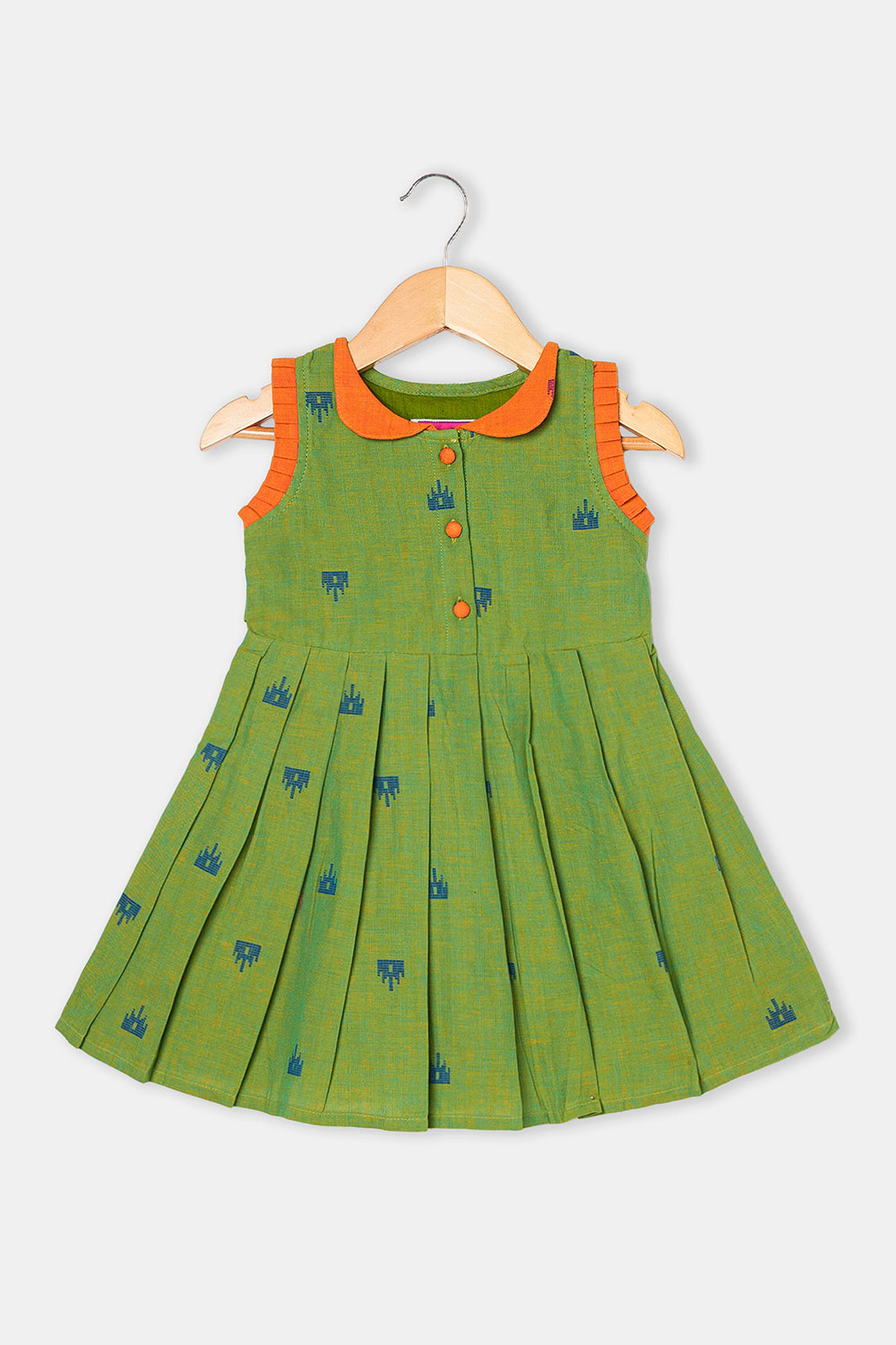 Chittythalli Girls Ethnic Frock Cotton Sleeveless Dress with Peter Pan Collar, Knife Pleats and Gathered Skirt- Dark Green - FR40