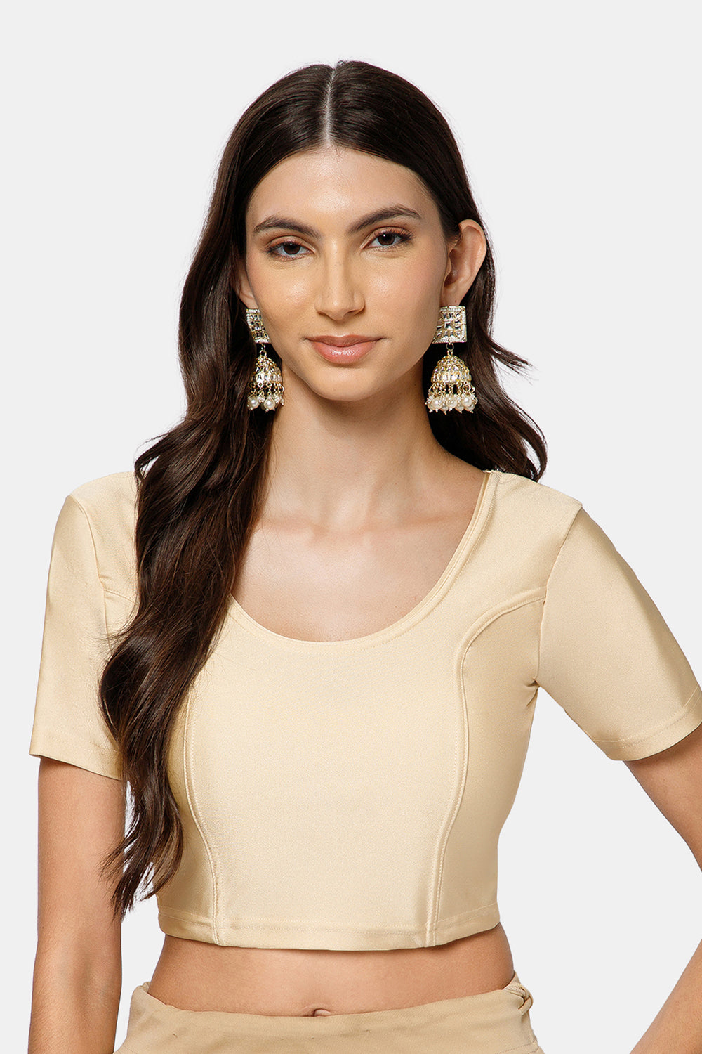 Naidu Hall Women’s Shimmer Knitted Saree Blouse | Silk Blend Round Neck Short Sleeve Ready to Wear Blouse | Regular Fit Solid Stretch Blouse for Sarees - Pista Shimmer