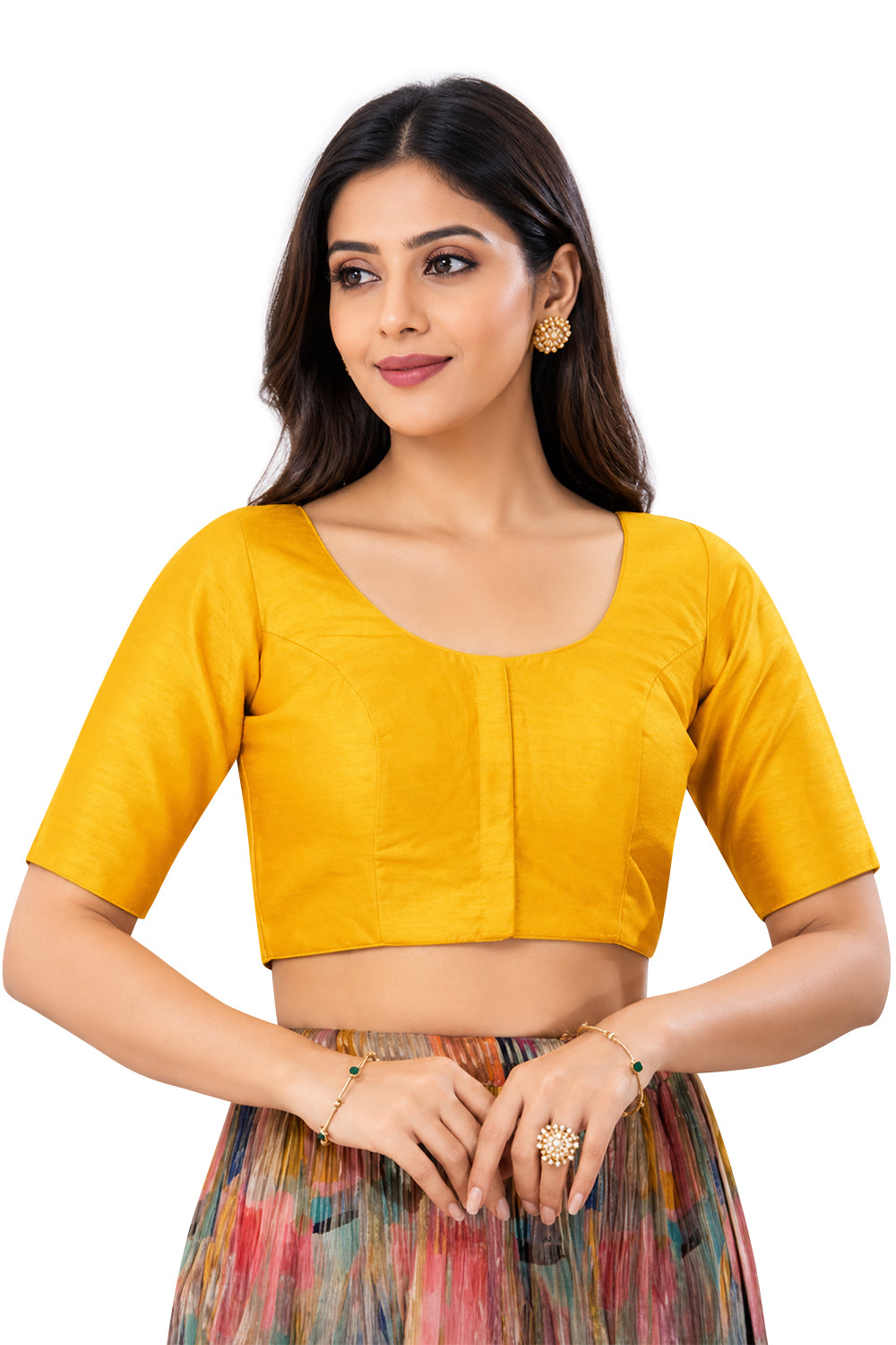 Women's Padded Art Silk Saree Blouse | Readymade Round Neck Elbow Sleeve Blouse for Women | Designer Ethnic Blouse for Sarees - R124