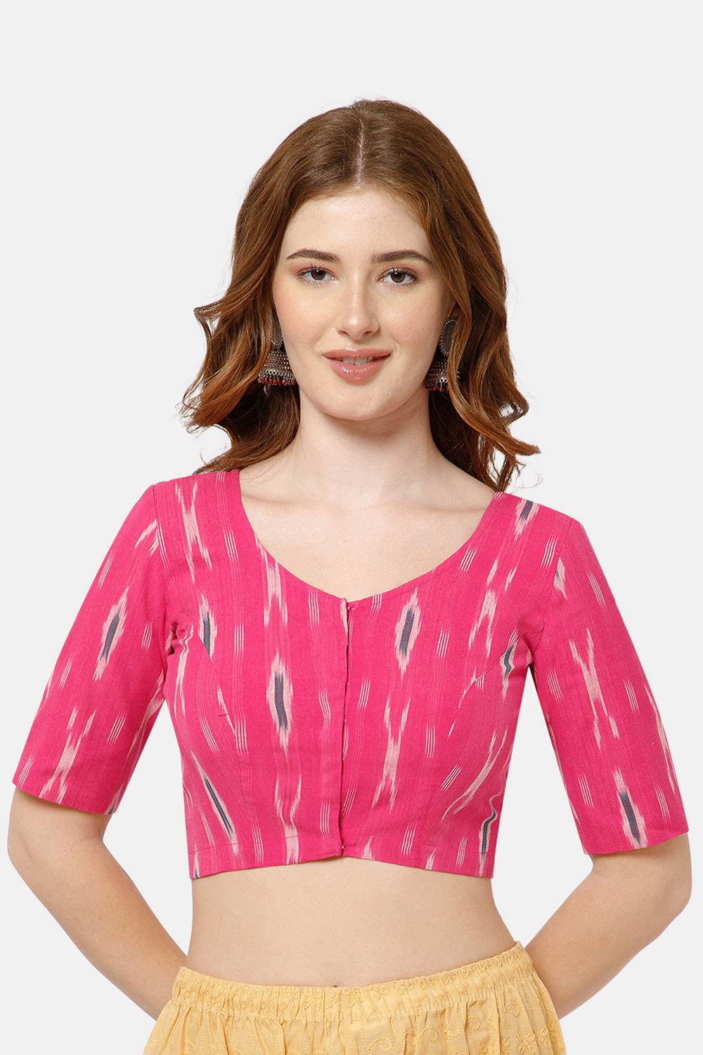Naidu Hall Women’s Cotton Blouse | Woven U-Neck Ethnic Blouse with Elbow Sleeves & Front Closure - Pink - BU17