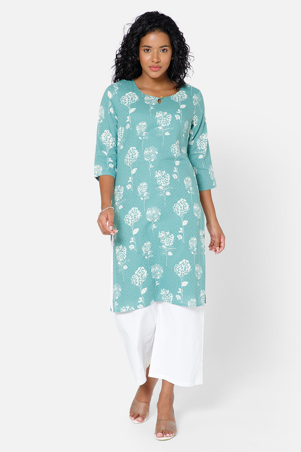 Mythri Women's Casual Kurthi with Round Neck 3/4th Sleeves - Light Green - KU34