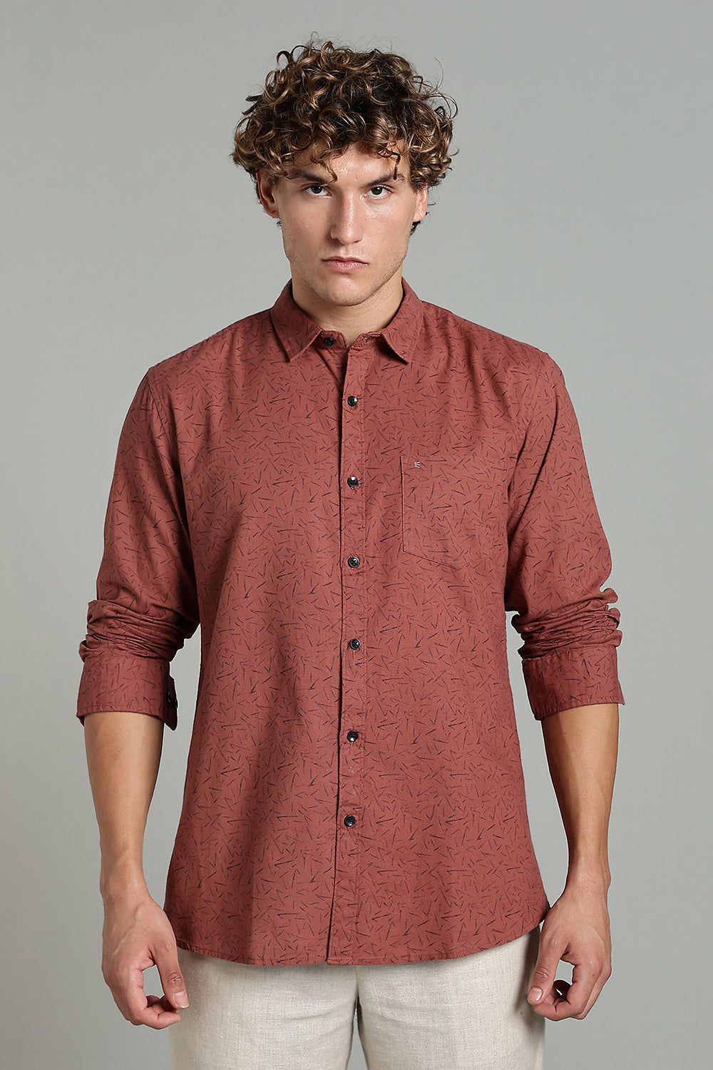 Enhance  Men’s Printed Casual Shirt – Full Sleeves with Patch Pocket and Button Cuffs  - Rust - SA06