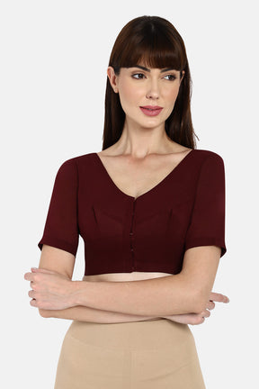 Naidu Hall Non-Wired Non-Padded Cotton Long Sleeve Blouse With Round Neck - Dark Maroon
