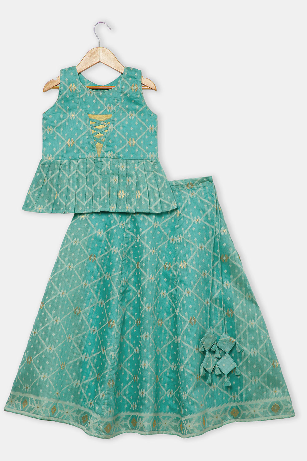 Chittythalli Girls’ Ethnic Pavadai Set – Chanderi Jamdani Peplum Top with Criss-Cross Cording & Kali Skirt | Traditional Festive Wear for Girls - PS91