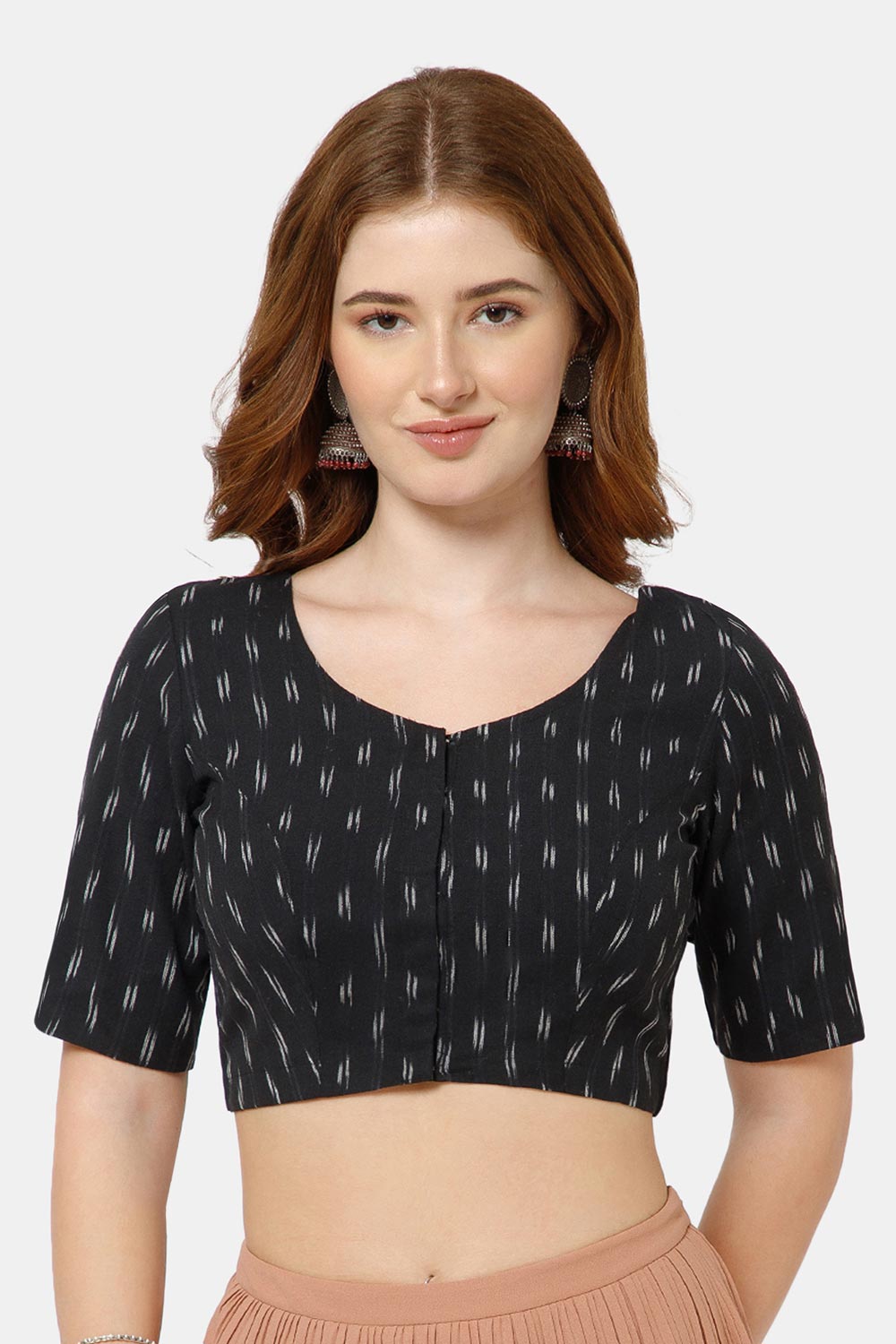 Naidu Hall Women’s Cotton Blouse | Woven U-Neck Ethnic Blouse with Elbow Sleeves & Front Closure - Black-3 - BU17
