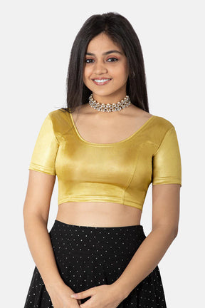 Naidu Hall Non-Padded Knitted Blouse With Round Neck Princess Cut Short Sleeve - Copper Shimmer