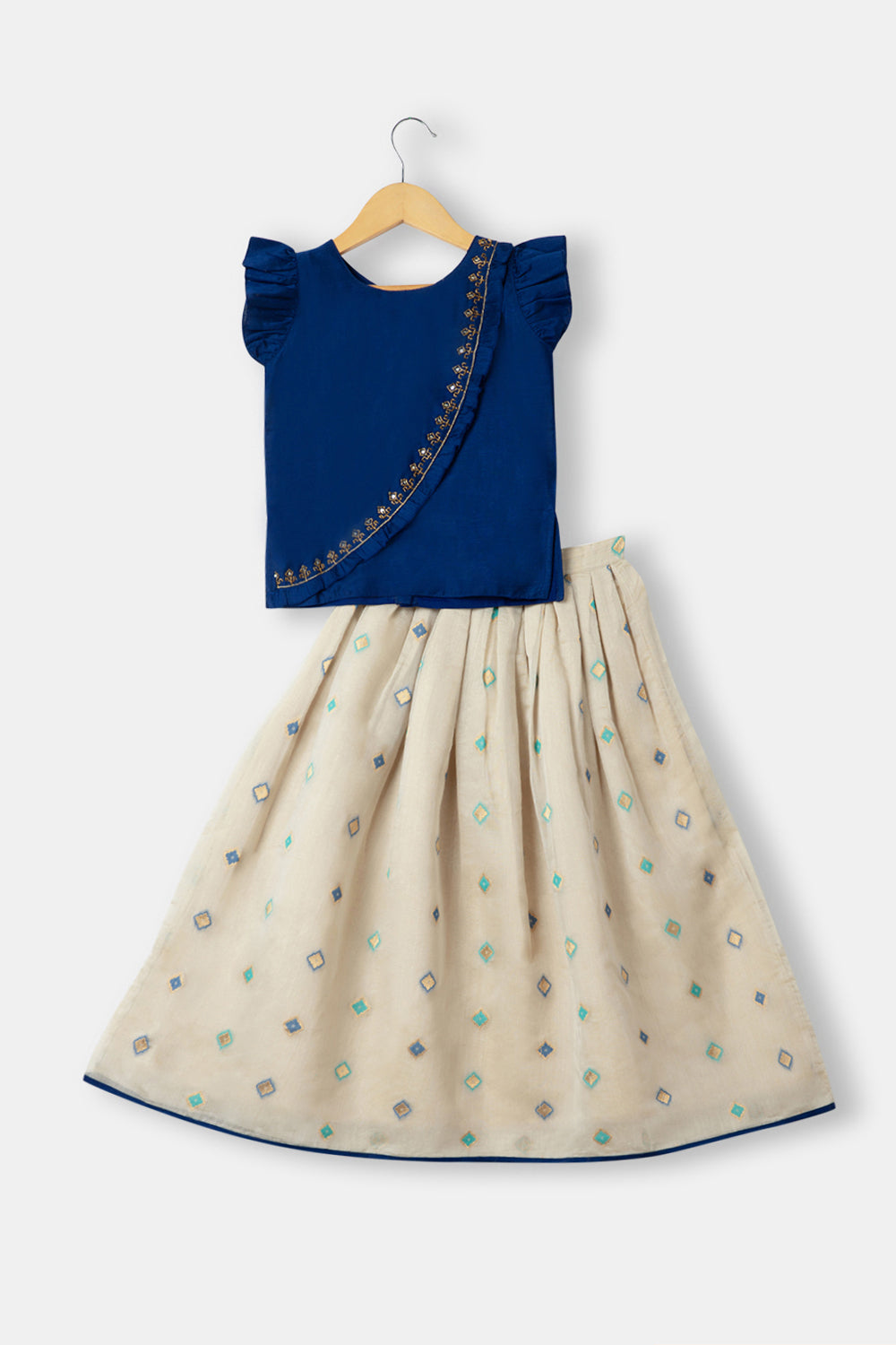 Chittythalli Girls Ethnic Wear Pavadai Set Ruffle Sleeves With Kasuti Hand Embroidery - Navy Blue - PS73