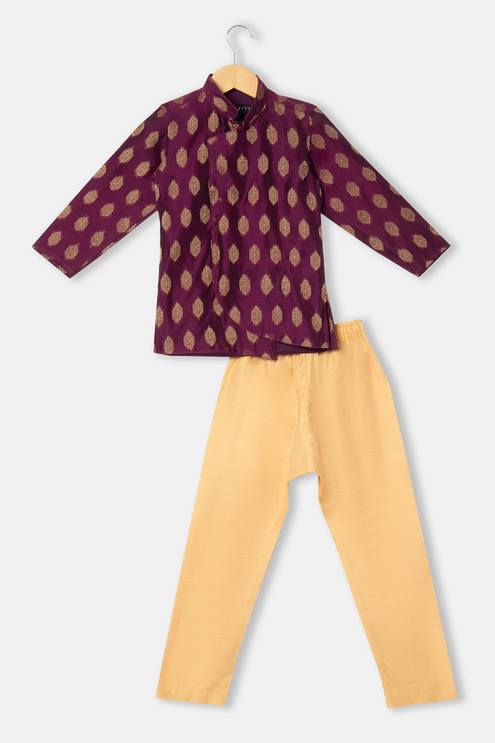 Navkrish Boy's Ethnic Kurta Set with Asymmetric Jacket with Mandarin Collar - Purple - S012