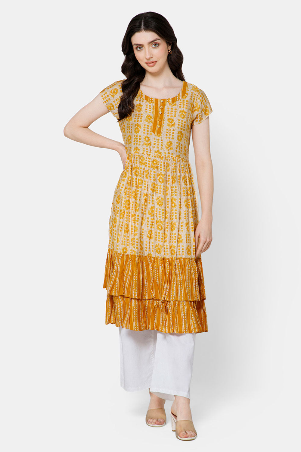 Mythri Women's Fit and Flare Casual Dress - Mustard - DR04