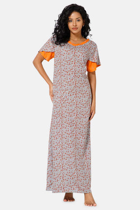 Naidu Hall  V Neck Ruffle Sleeve Printed Nighty-Sky Blue - NT45