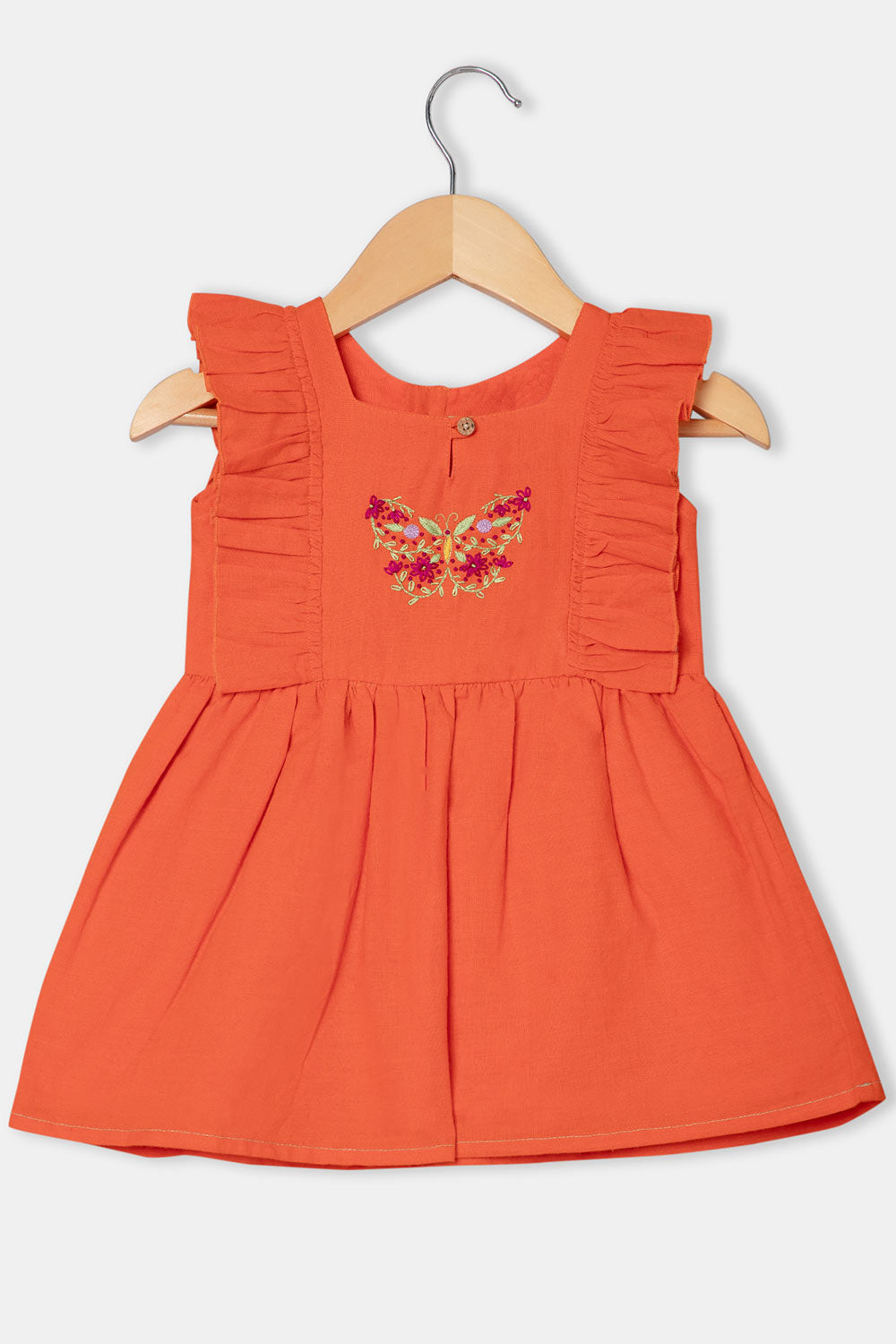 Chittythalli Round Neck Knee-Length Frock with Ruffle Detailing and Hand Embroidery - Orange  - FR34