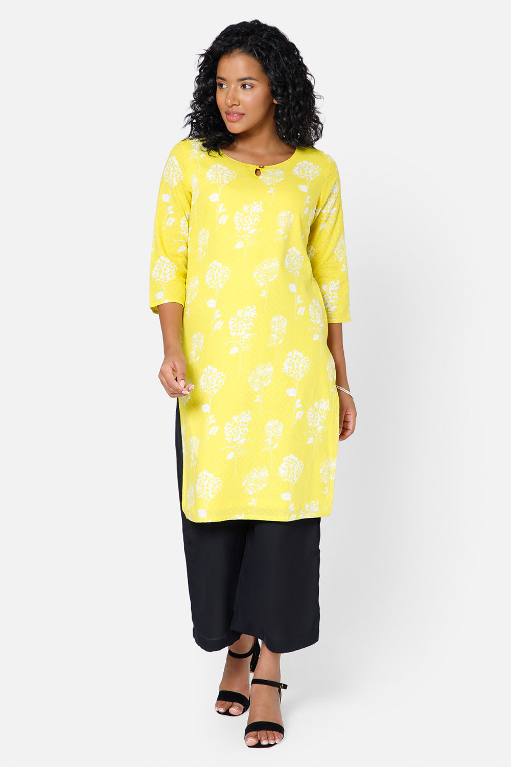 Mythri Women's Casual Kurthi with Round Neck 3/4th Sleeves - Light Yellow - KU34