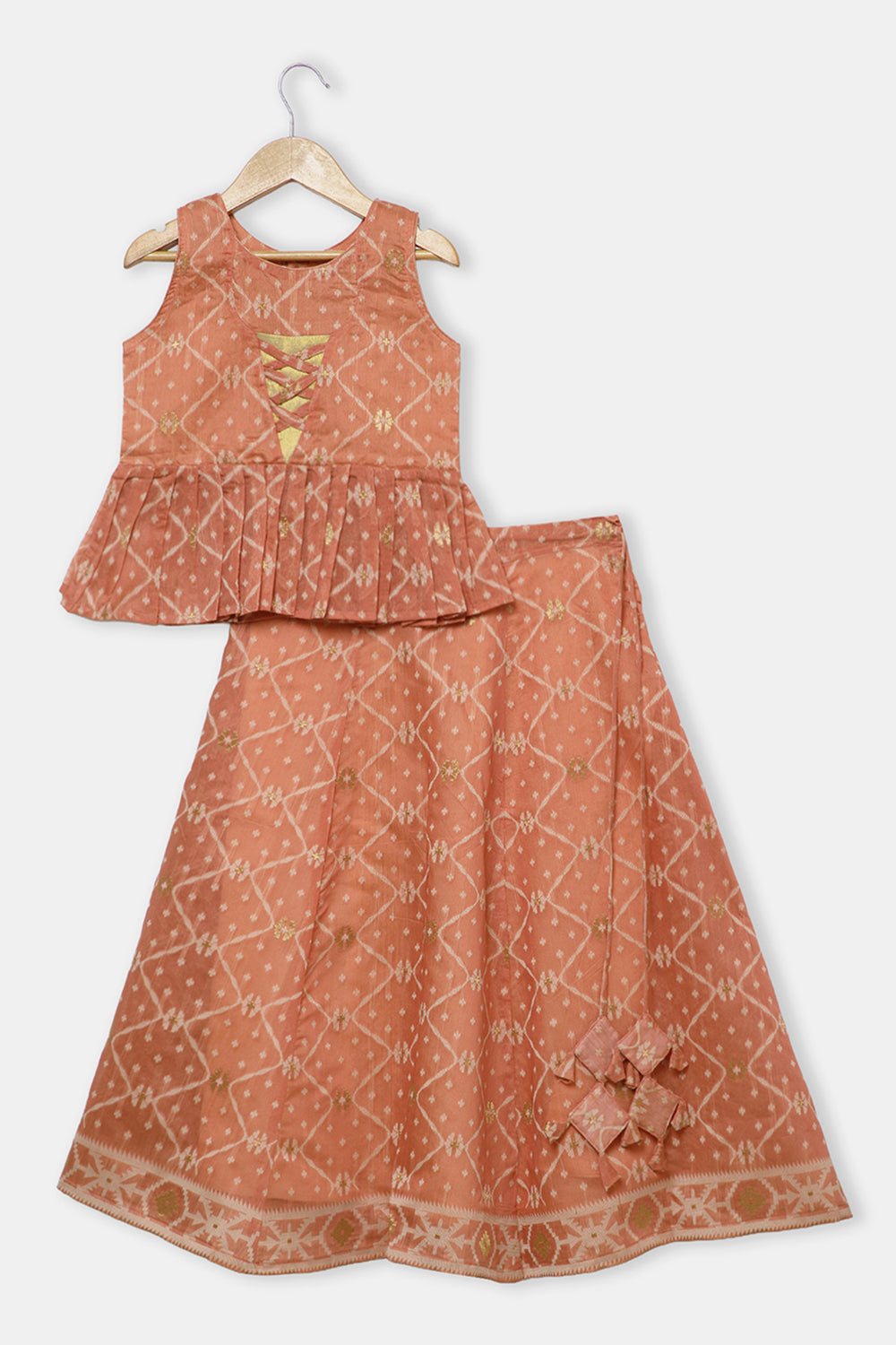 Chittythalli Girls’ Ethnic Pavadai Set – Chanderi Jamdani Peplum Top with Criss-Cross Cording & Kali Skirt | Traditional Festive Wear for Girls - PS91