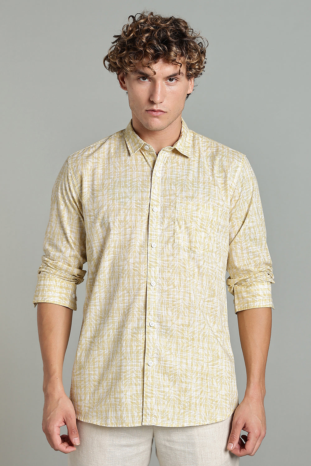 Enhance  Men’s Printed Casual Shirt – Full Sleeves with Patch Pocket and Button Cuffs  - Yellow - SA07